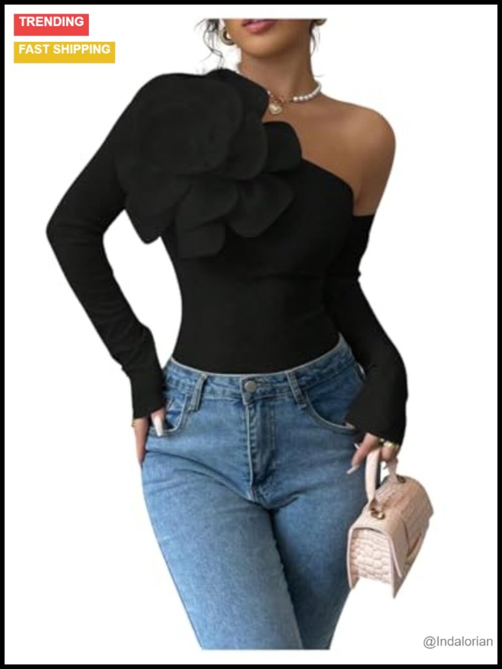 One Shoulder Ribbed Knit Top 3D Flower Long Sleeve Fitted Blouse